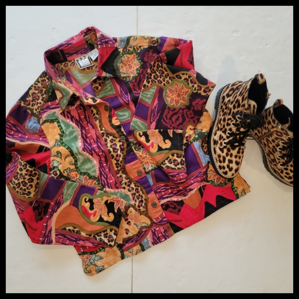 Take Two Multi-Colors+Patterns Button Shirt Xl - image 1